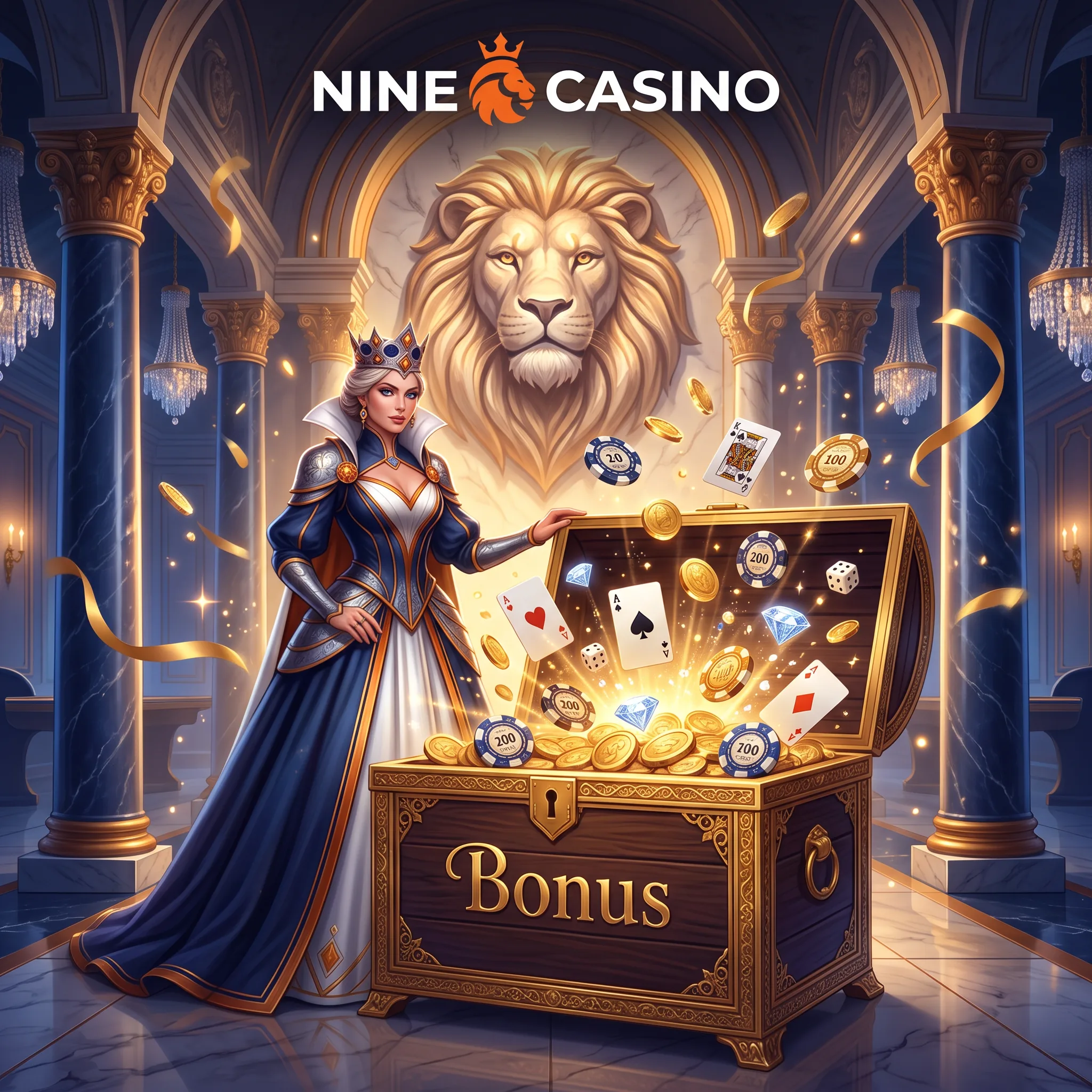 Nine Casino bonus artwork showing a treasure chest and royal figures.