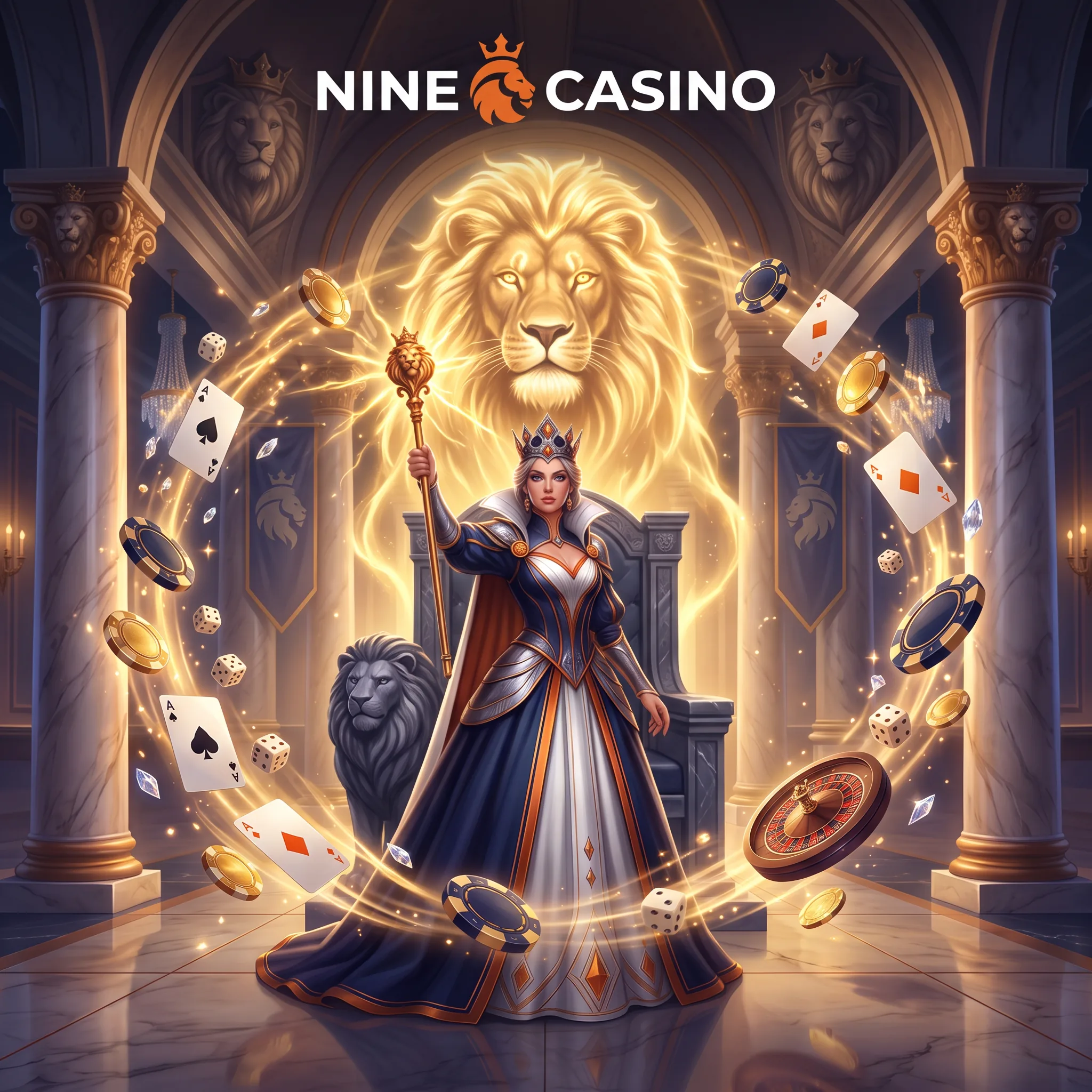 Nine Casino royal artwork with a crowned player, lion and casino games.