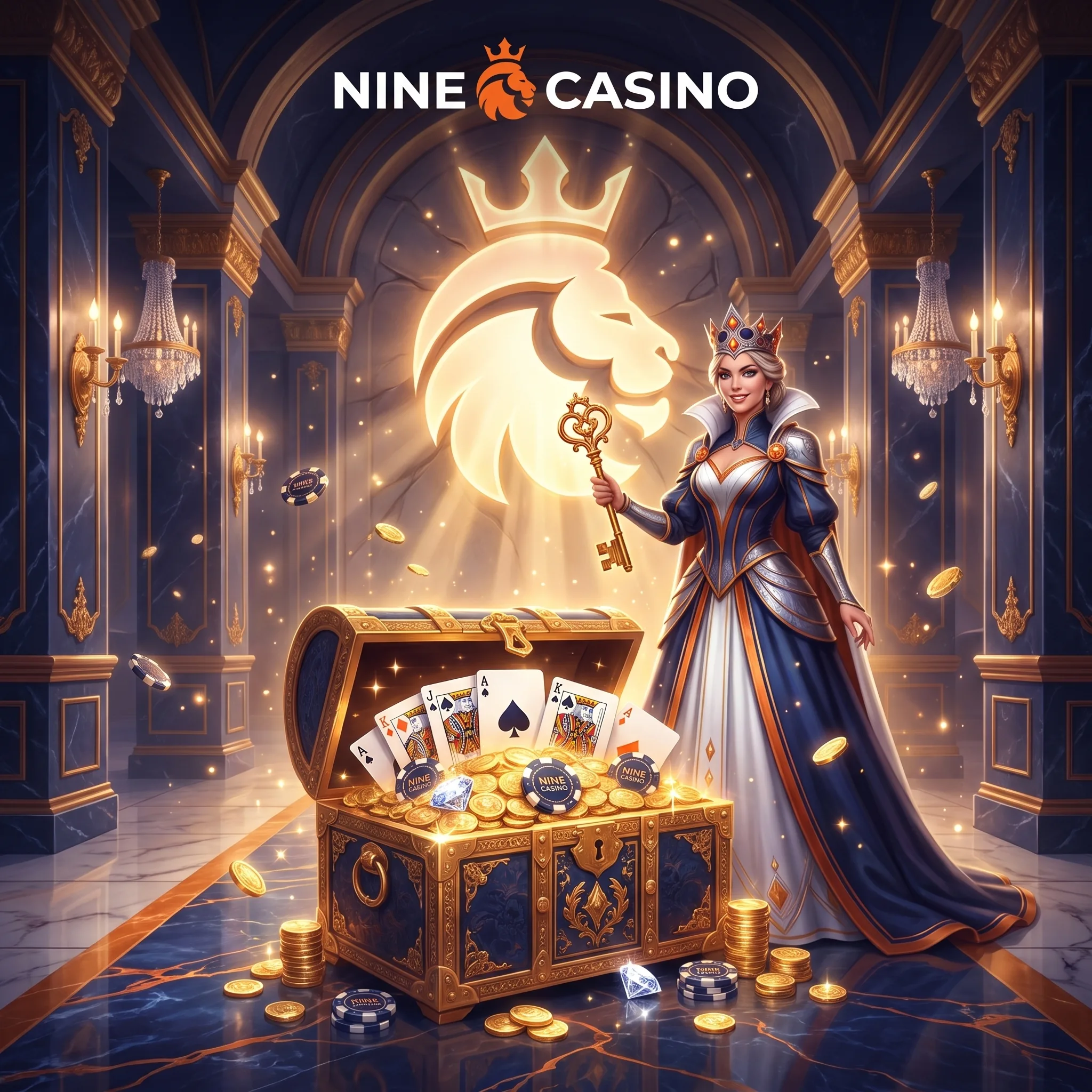 Nine Casino royal artwork with a crowned player and open treasure vault.