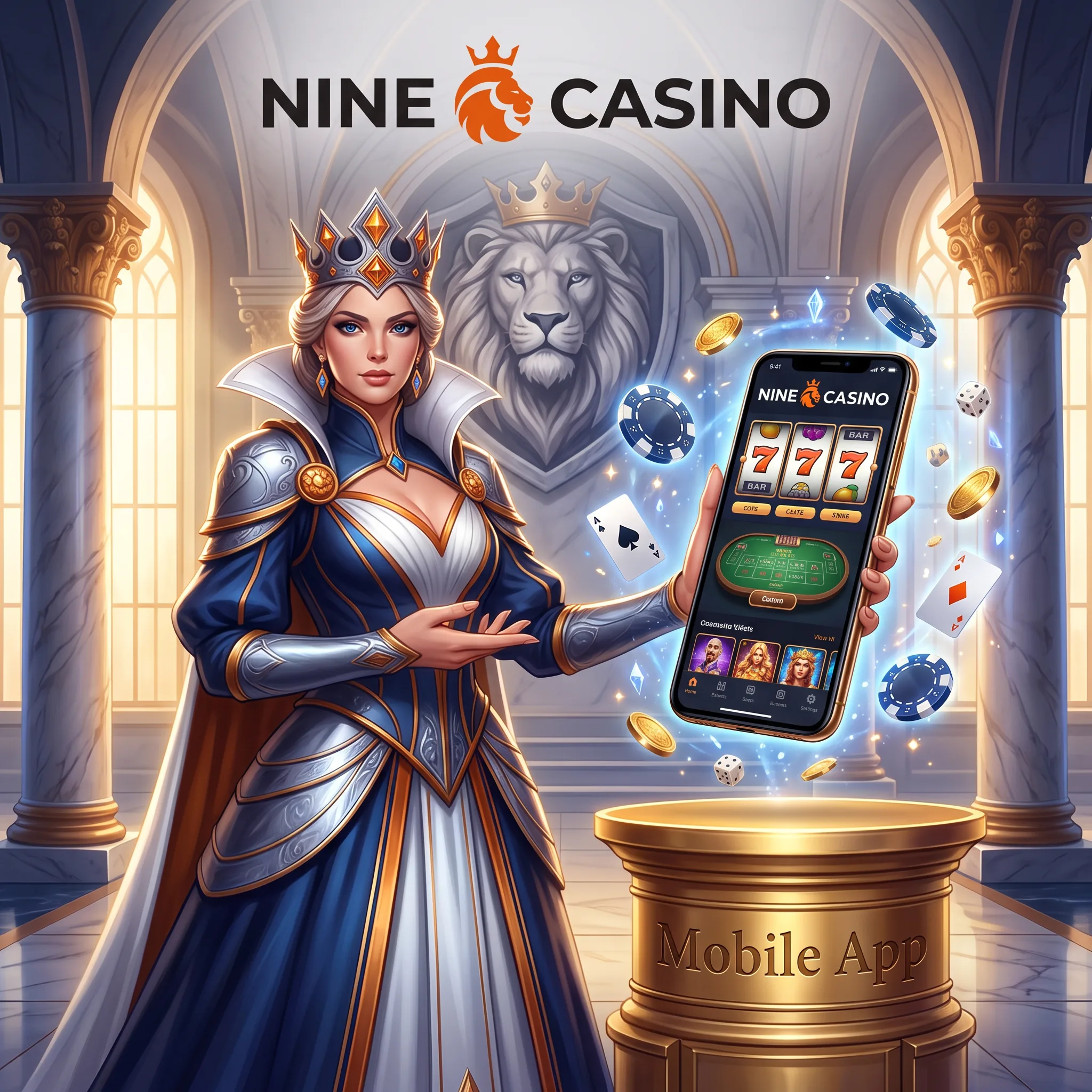 Nine Casino mobile artwork showing the PWA on a phone beside royal casino art.