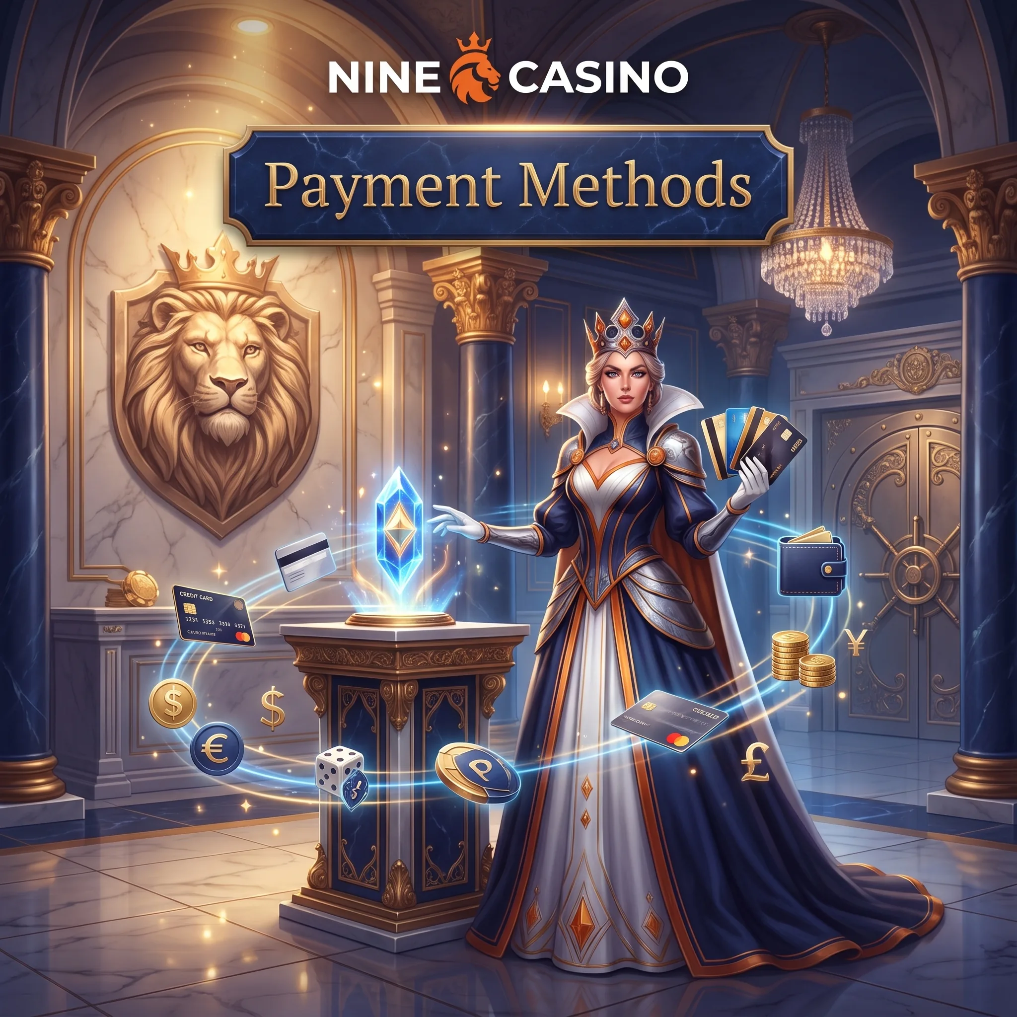 Nine Casino payment methods artwork showing a cashier, cards and wallets.
