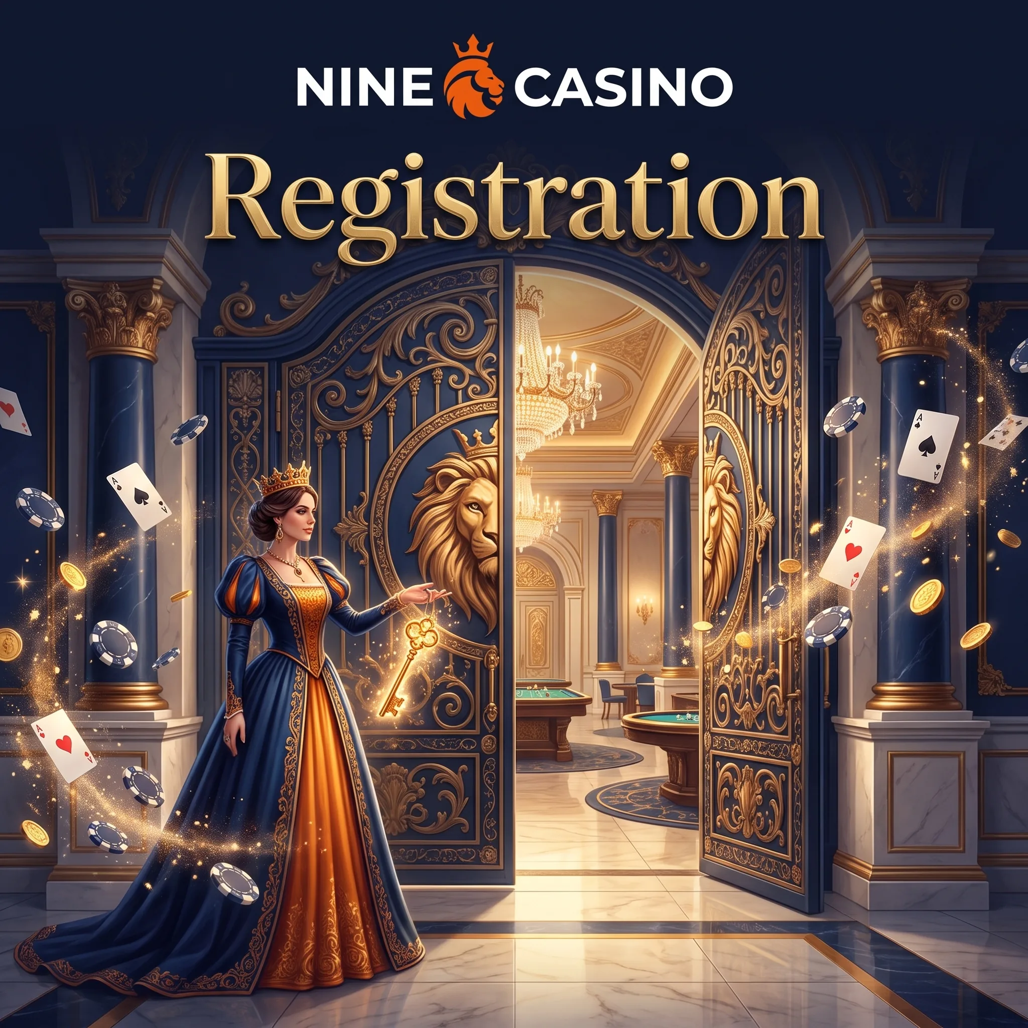 Nine Casino registration artwork with a royal gateway and a crowned figure.